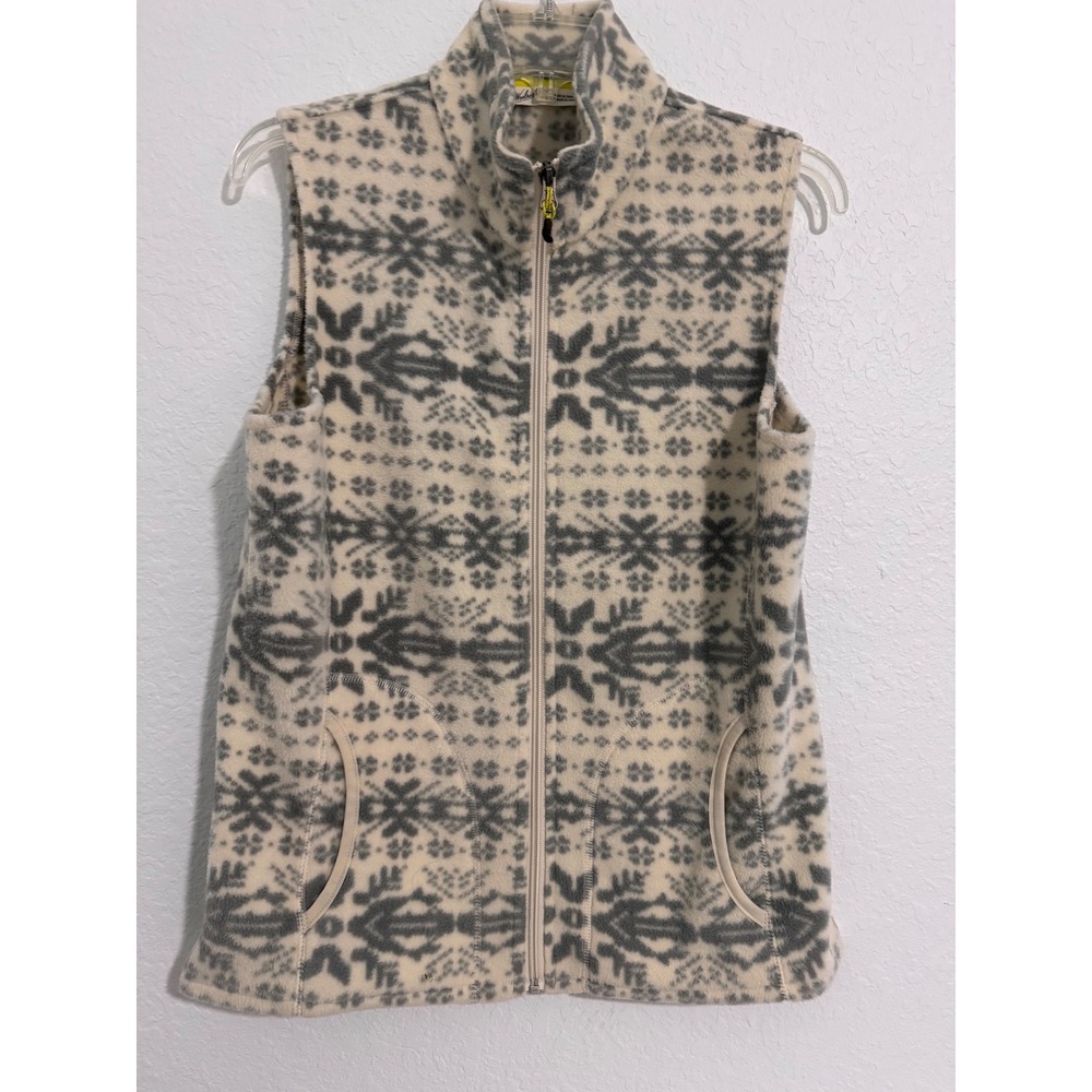 Woolrich Womens Fleece Vest Snowflake Print Full Zip Pockets Cream Gray‎ Size S